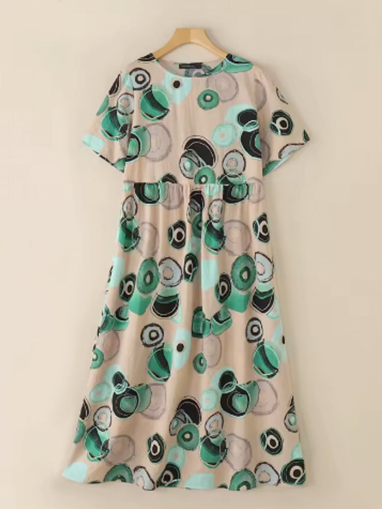 Vintage Printed Round Point Women Maxi Dress Green Maxi Dresses - Tophatter Daily Deals