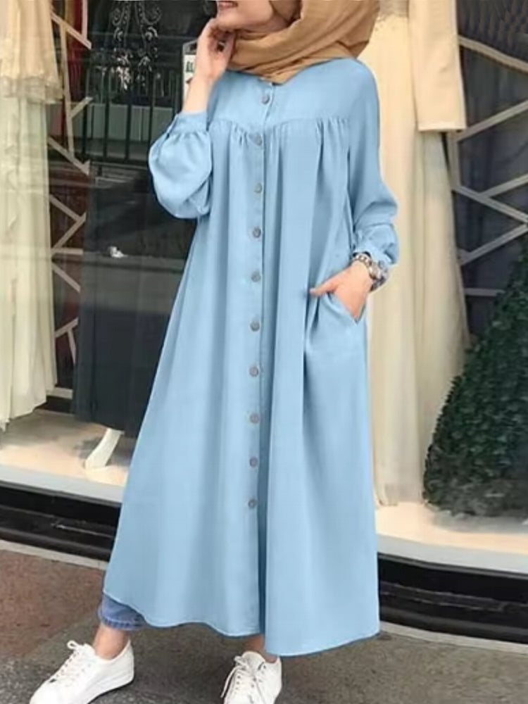 Button Down Front Kaftan Tunic Maxi Dress with Side Pockets Sky Blue Maxi Dresses - Tophatter Daily Deals