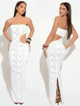 Elegant Beige High Waist Cut Out Long Dresses S Midi Dresses - Tophatter Daily Deals