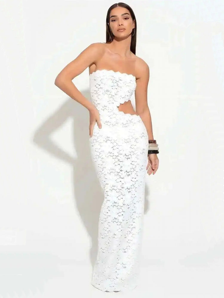 Elegant Beige High Waist Cut Out Long Dresses Midi Dresses - Tophatter Daily Deals
