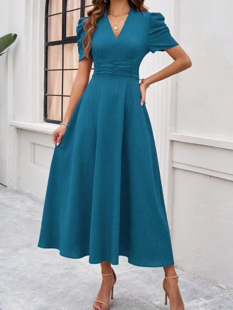 Elegance of High-Waisted Solid Color Dresses for Summer Cyan Midi Dresses - Tophatter Daily Deals