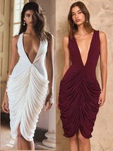 Deep V Neck Sleeveless Ruched Women Sexy Midi Dress Midi Dresses - Tophatter Daily Deals