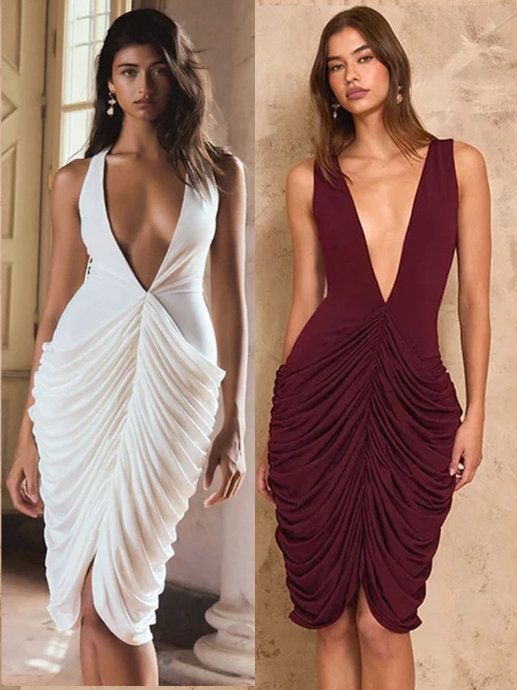 Deep V Neck Sleeveless Ruched Women Sexy Midi Dress Midi Dresses - Tophatter Daily Deals