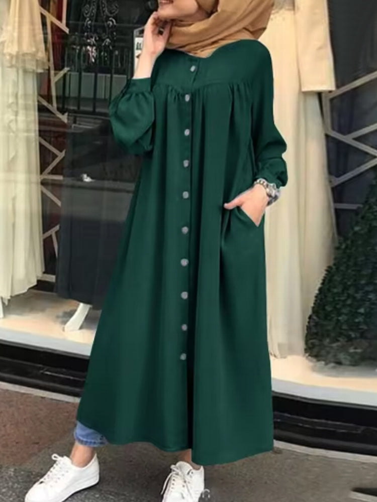 Button Down Front Kaftan Tunic Maxi Dress with Side Pockets Green Maxi Dresses - Tophatter Daily Deals