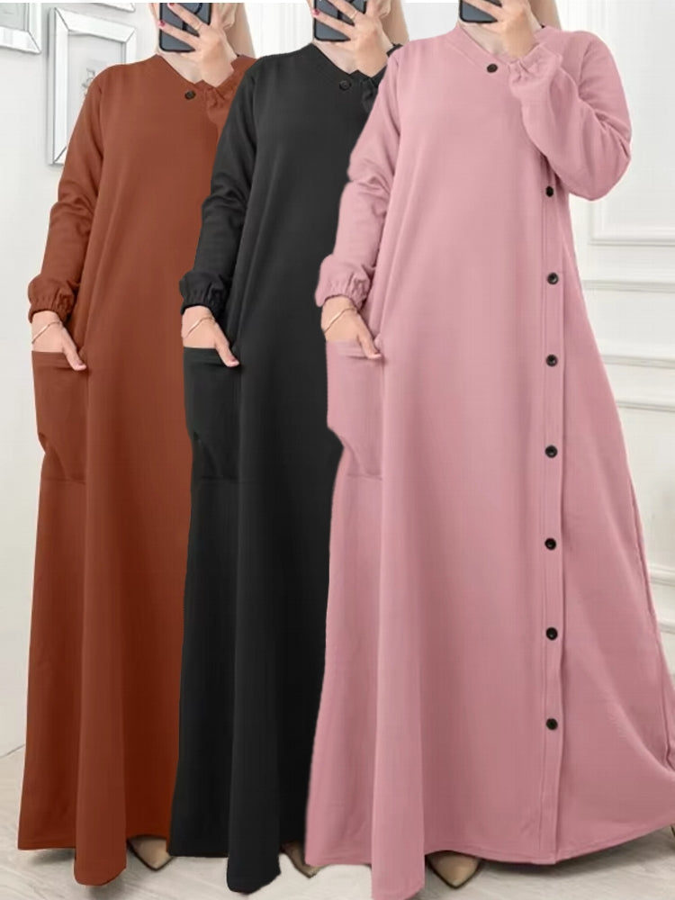 Muslim O Neck Maxi Dresses Buttons Maxi Dresses - Tophatter Daily Deals