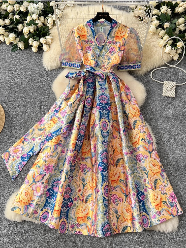 Women V-Neck Short Puff Sleeve Lace Up Clothes Maxi Dresses - Tophatter Daily Deals