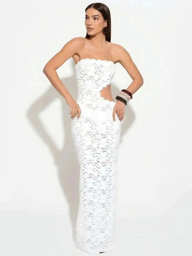Elegant Beige High Waist Cut Out Long Dresses Midi Dresses - Tophatter Daily Deals