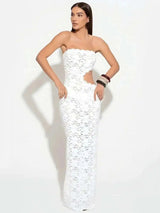 Elegant Beige High Waist Cut Out Long Dresses Midi Dresses - Tophatter Daily Deals