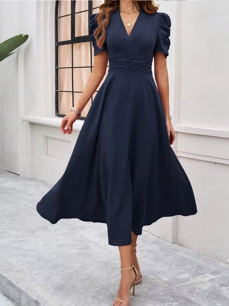 Elegance of High-Waisted Solid Color Dresses for Summer Navy Midi Dresses - Tophatter Daily Deals