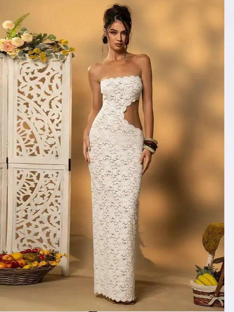 Elegant Beige High Waist Cut Out Long Dresses Midi Dresses - Tophatter Daily Deals