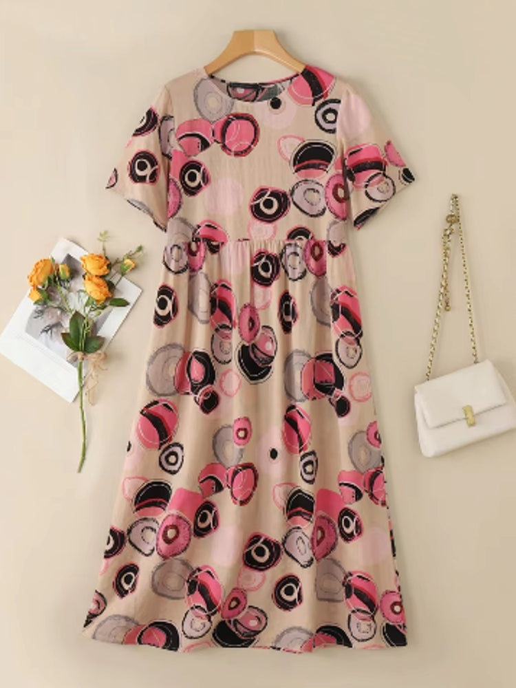 Vintage Printed Round Point Women Maxi Dress Pink Maxi Dresses - Tophatter Daily Deals