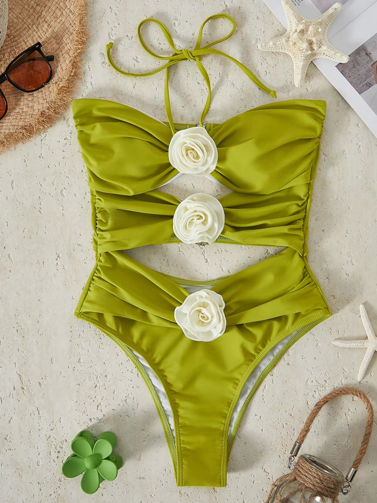 Sexy Pink 3D Flower Swimwear Women Bathers Green Swimwear - Tophatter Daily Deals