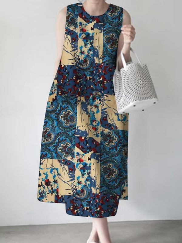 Print Sleeveless Vintage Casual Women Midi Dress Blue Midi Dresses - Tophatter Daily Deals
