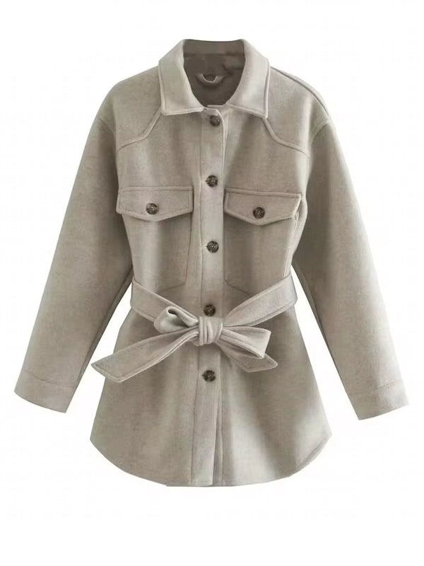 Turn Down Collar Jackets Fashion Tie Belt Waist Coats Women Elegant Pockets Jacket - Tophatter Daily Deals
