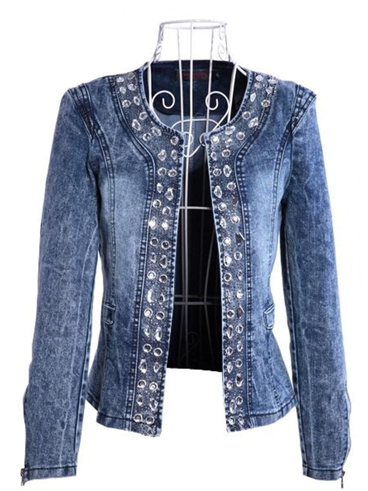 Autumn Elastic Denim Rhinestone Sequined Retro Short Jacket Denim Jacket Jacket - Tophatter Daily Deals