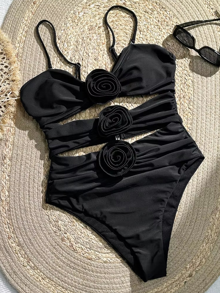 Sexy Pink 3D Flower Swimwear Women Bathers Black Swimwear - Tophatter Daily Deals