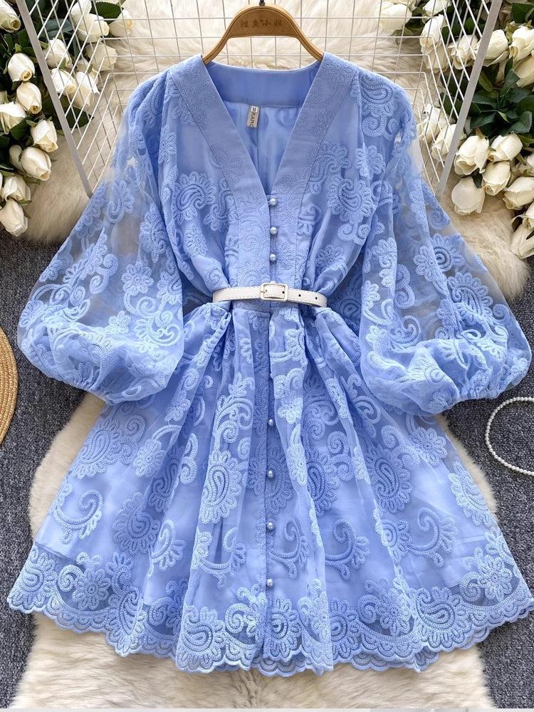 Summer Women V Neck Lantern Sleeve Mini Dress Mini Dresses - Tophatter Daily Deals