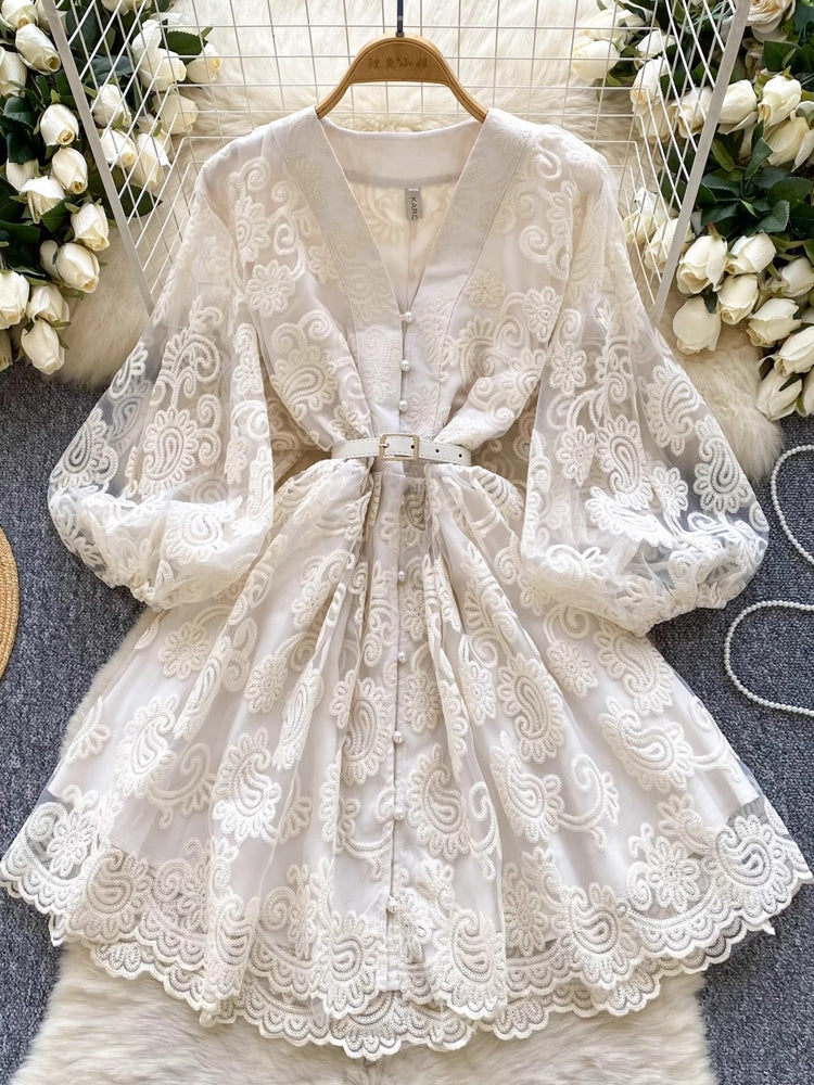 Summer Women V Neck Lantern Sleeve Mini Dress Mini Dresses - Tophatter Daily Deals