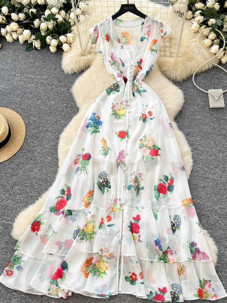 Women Sleeveless Ruffles V Neck Chiffon Dress Maxi Dresses - Tophatter Daily Deals