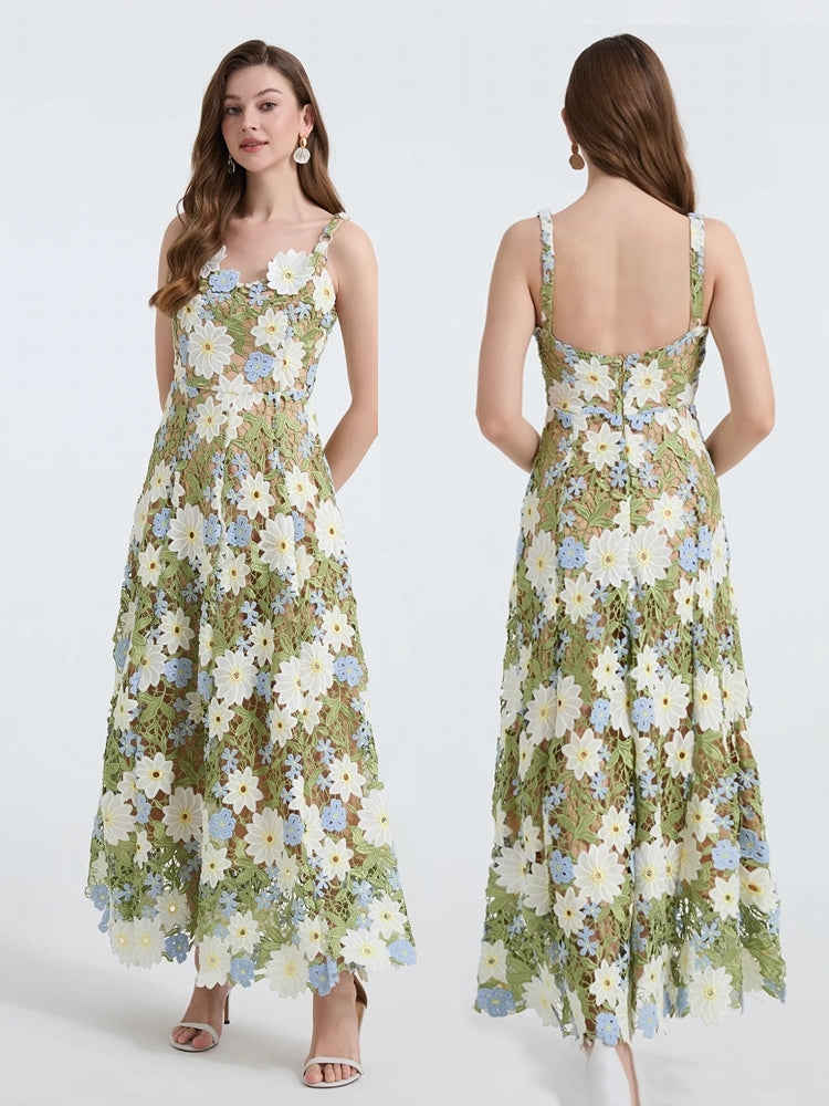 Women Square Collar Backless Sleeveless Embroidery Dress Green Maxi Dresses - Tophatter Daily Deals