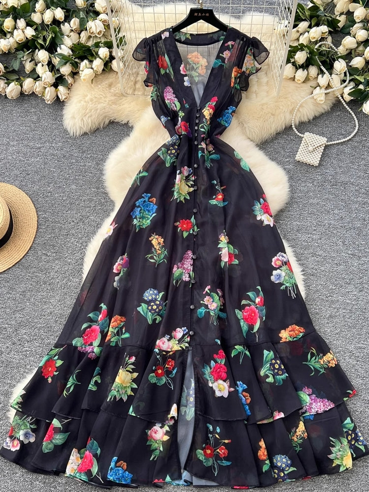 Women Sleeveless Ruffles V Neck Chiffon Dress Maxi Dresses - Tophatter Daily Deals