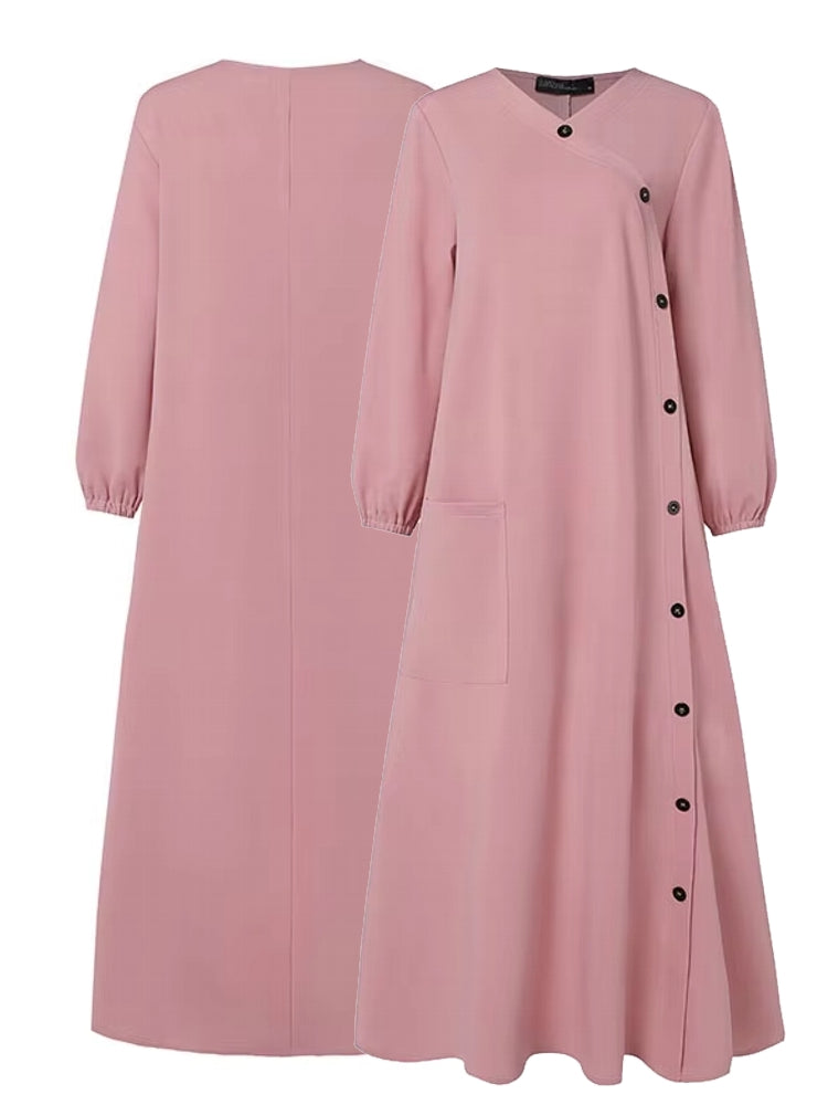 Muslim O Neck Maxi Dresses Buttons Pink Maxi Dresses - Tophatter Daily Deals