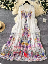 Holiday Chiffon Flare Sleeve Floral Pleated Dress White Maxi Dresses - Tophatter Daily Deals