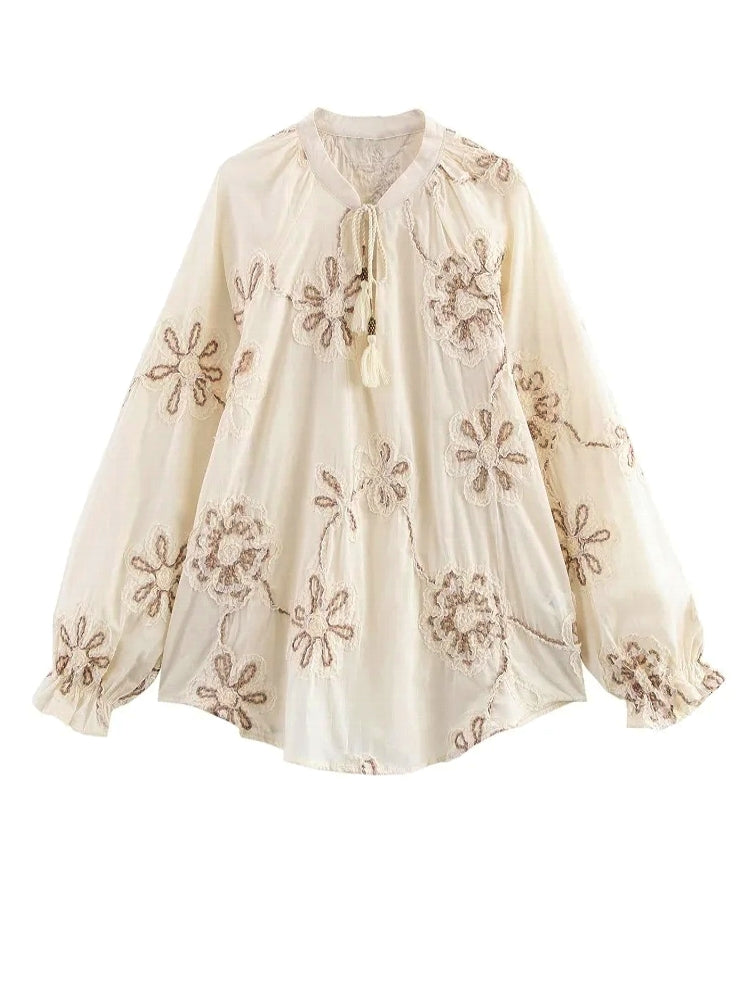 Women Tassel Casual Summer Embroider Blouses Beige Blouses - Tophatter Daily Deals