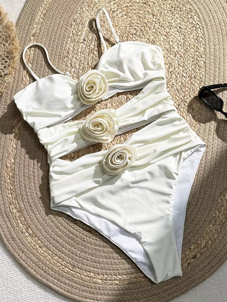 Sexy Pink 3D Flower Swimwear Women Bathers White Swimwear - Tophatter Daily Deals