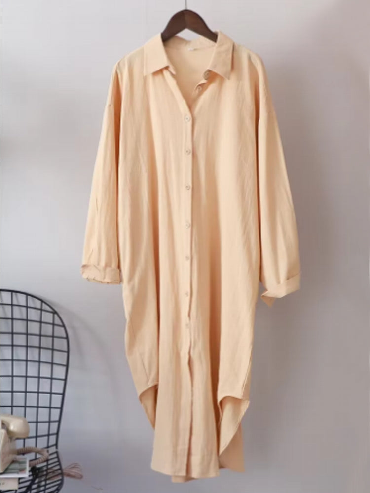 Women Cotton Oversized Big Shirt Dress Beige Blouses - Tophatter Daily Deals