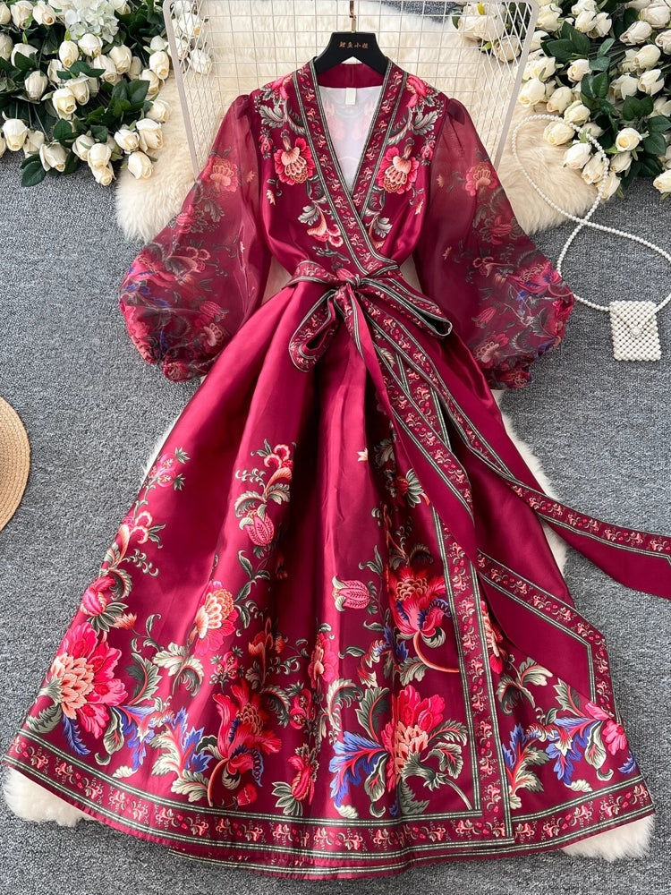 Retro Floral Print Bandage Lace Up Wrap Long Dress Maxi Dresses - Tophatter Daily Deals