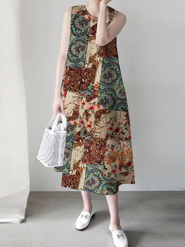 Print Sleeveless Vintage Casual Women Midi Dress Green Midi Dresses - Tophatter Daily Deals