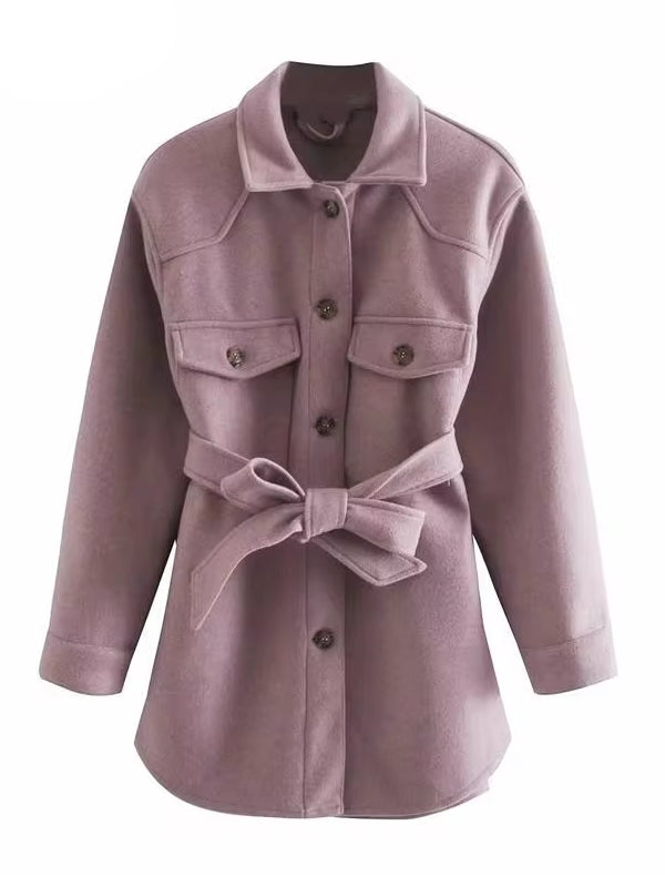 Turn Down Collar Jackets Fashion Tie Belt Waist Coats Women Elegant Pockets Jacket - Tophatter Daily Deals