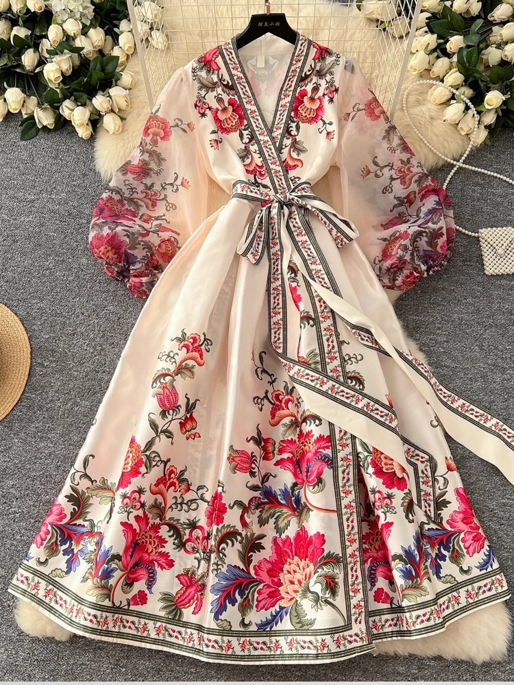 Retro Floral Print Bandage Lace Up Wrap Long Dress Maxi Dresses - Tophatter Daily Deals
