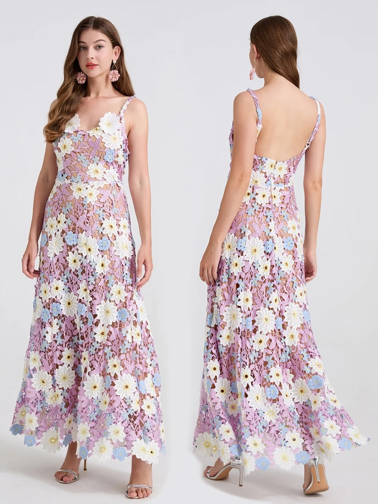 Women Square Collar Backless Sleeveless Embroidery Dress Pink Maxi Dresses - Tophatter Daily Deals