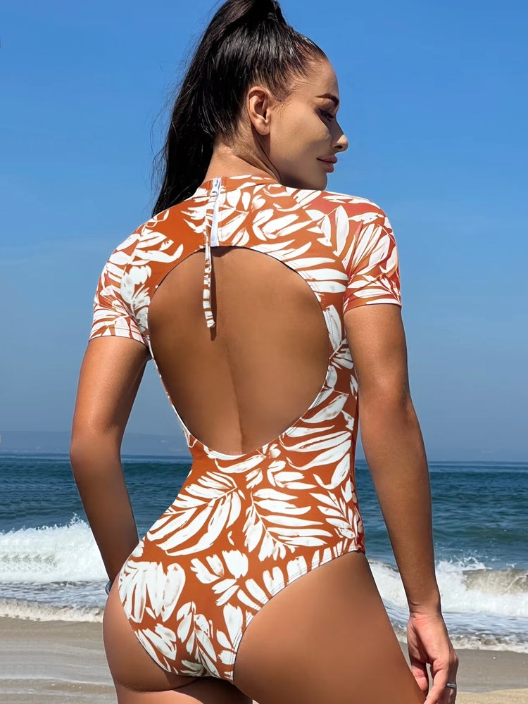 Short Sleeve One Piece Swimsuit Sports Bathing Brown Swimwear - Tophatter Daily Deals