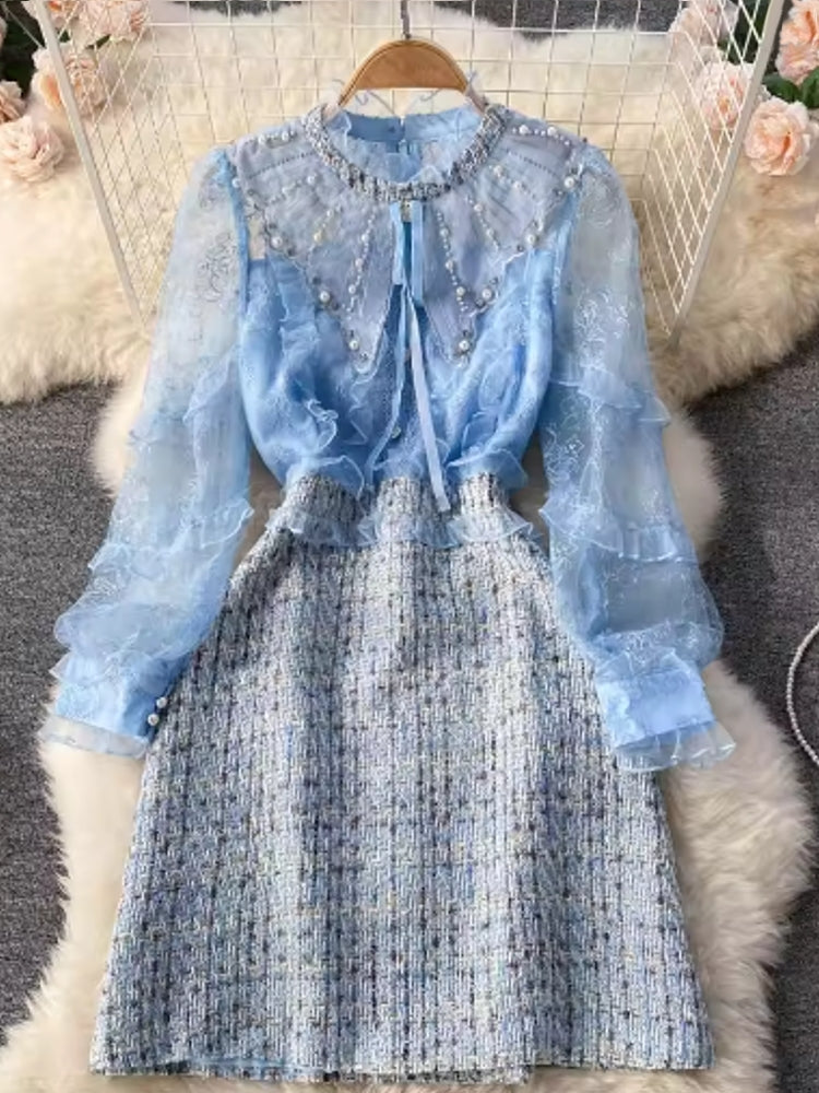 Women Ruffles Luxious Beading Party Dress Sky Blue Midi Dresses - Tophatter Daily Deals