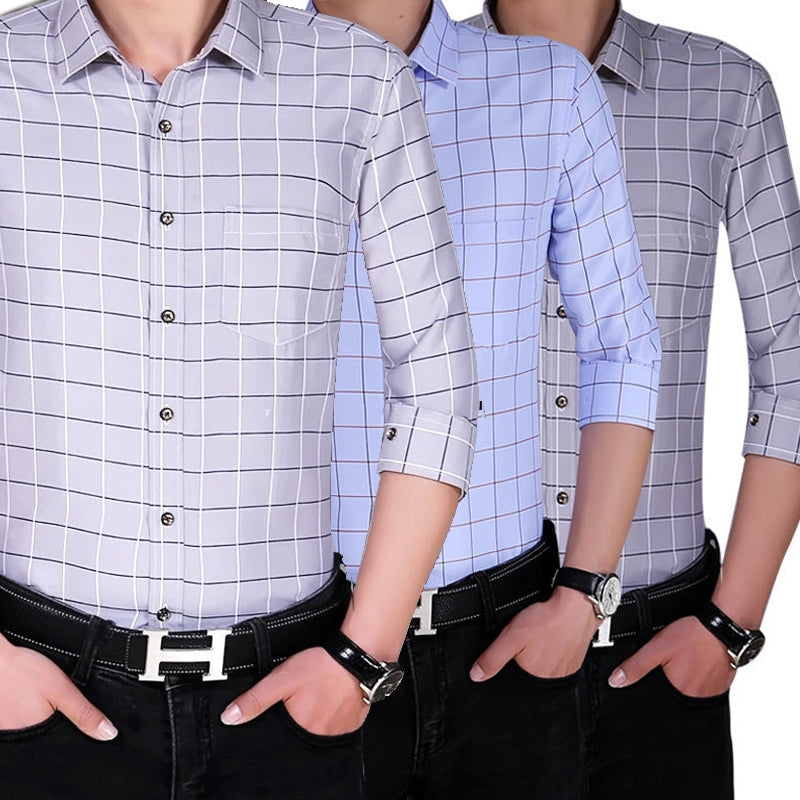Slim Fit Plaid Shirt Casual Business Long Sleeve Men's Shirts - Tophatter Daily Deals