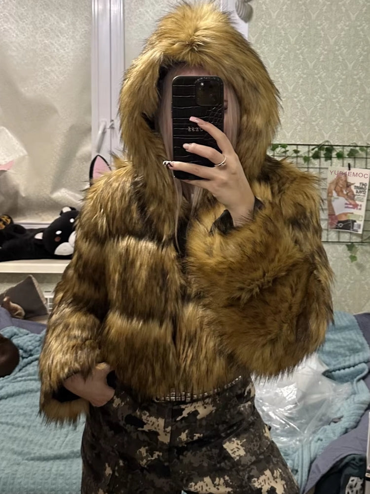 Women Fluffy Top Coat Hooded Straight Short Jacket - Tophatter Daily Deals