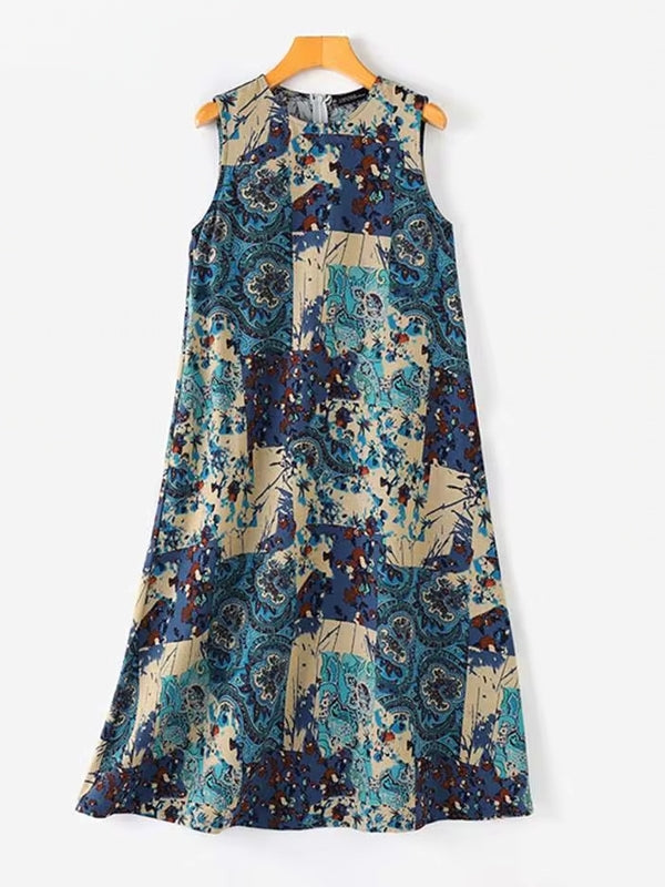Print Sleeveless Vintage Casual Women Midi Dress Midi Dresses - Tophatter Daily Deals