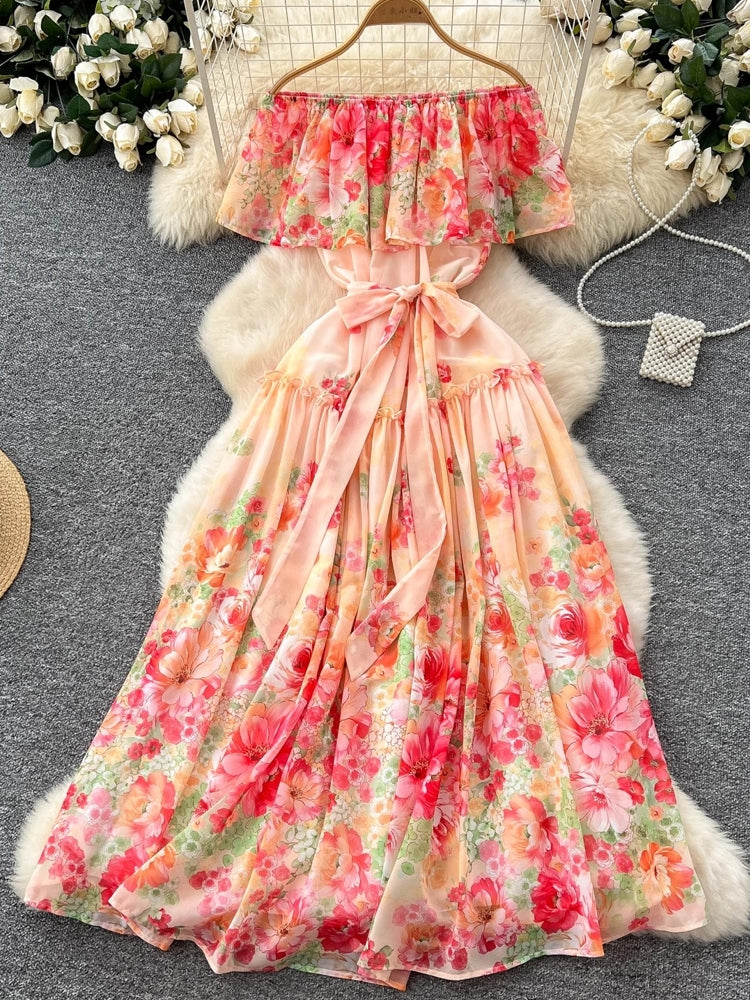 Women Sexy Off Elastic Waist Floral Boho Chiffon Dress Maxi Dresses - Tophatter Daily Deals
