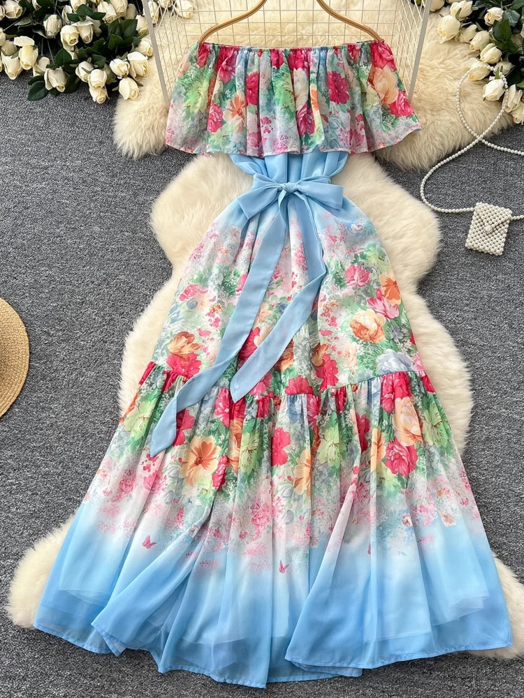 Women Sexy Off Elastic Waist Floral Boho Chiffon Dress Maxi Dresses - Tophatter Daily Deals
