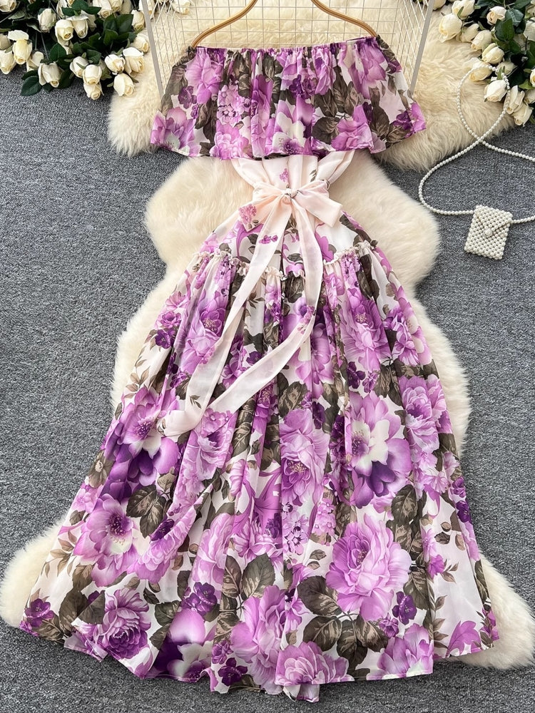 Women Sexy Off Elastic Waist Floral Boho Chiffon Dress Maxi Dresses - Tophatter Daily Deals