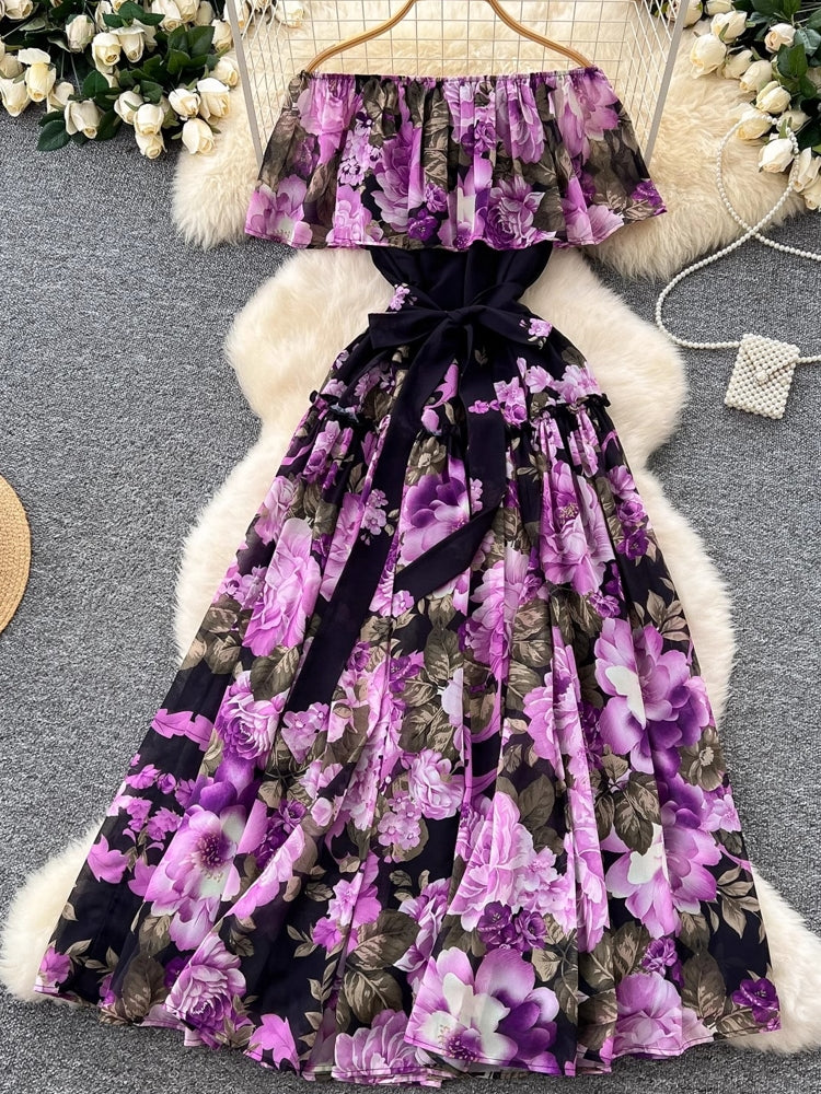 Women Sexy Off Elastic Waist Floral Boho Chiffon Dress Maxi Dresses - Tophatter Daily Deals