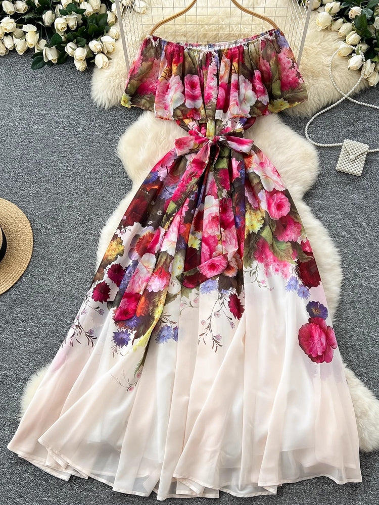 Women Sexy Off Elastic Waist Floral Boho Chiffon Dress Maxi Dresses - Tophatter Daily Deals
