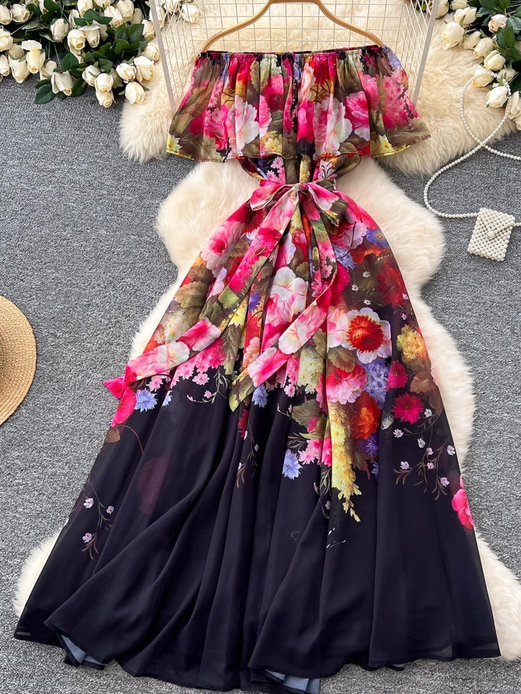 Women Sexy Off Elastic Waist Floral Boho Chiffon Dress Maxi Dresses - Tophatter Daily Deals