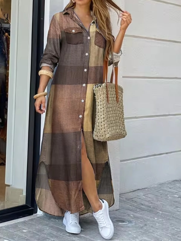 Vintage Geometry Print Lapel Long Sleeve Double Pocket Maxi Shirt Women Maxi Dress Brown Maxi Dresses - Tophatter Daily Deals