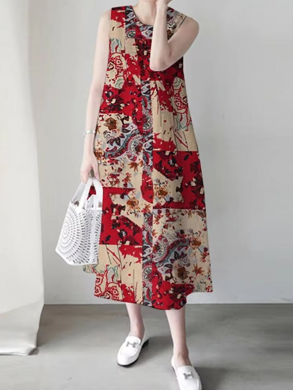 Print Sleeveless Vintage Casual Women Midi Dress Red Midi Dresses - Tophatter Daily Deals