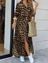 Vintage Geometry Print Lapel Long Sleeve Double Pocket Maxi Shirt Women Maxi Dress Leopard Brown Maxi Dresses - Tophatter Daily Deals