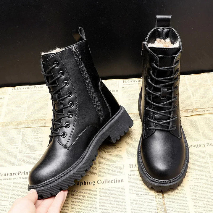 Non-Slip Cozy Women's Combat Boots - Lace-Up, Faux Fur Black - Tophatter Daily Deals